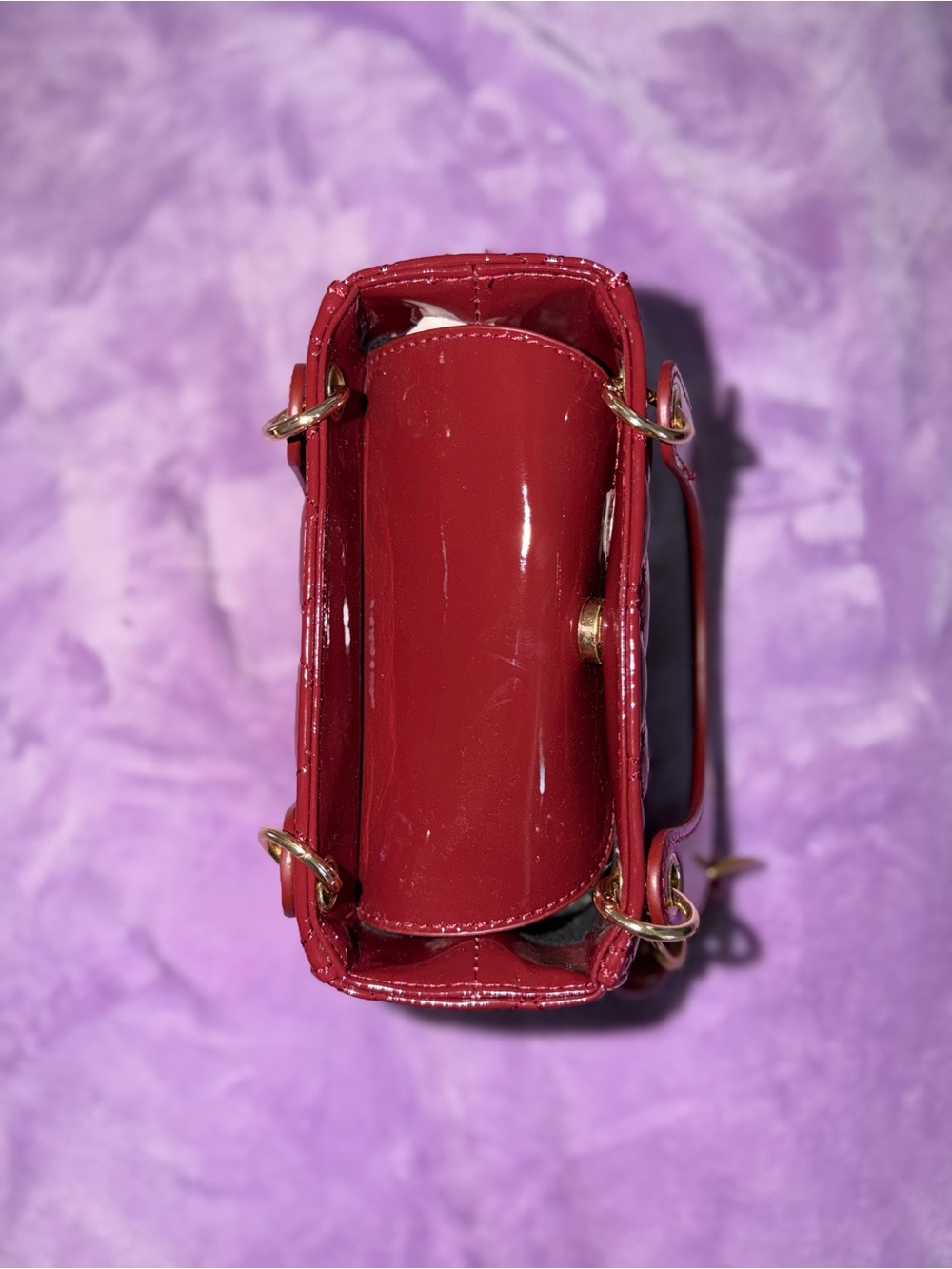 Glossy Red Patent Quilted Mini Tote with Cherry Charm - Picture 4 of 5